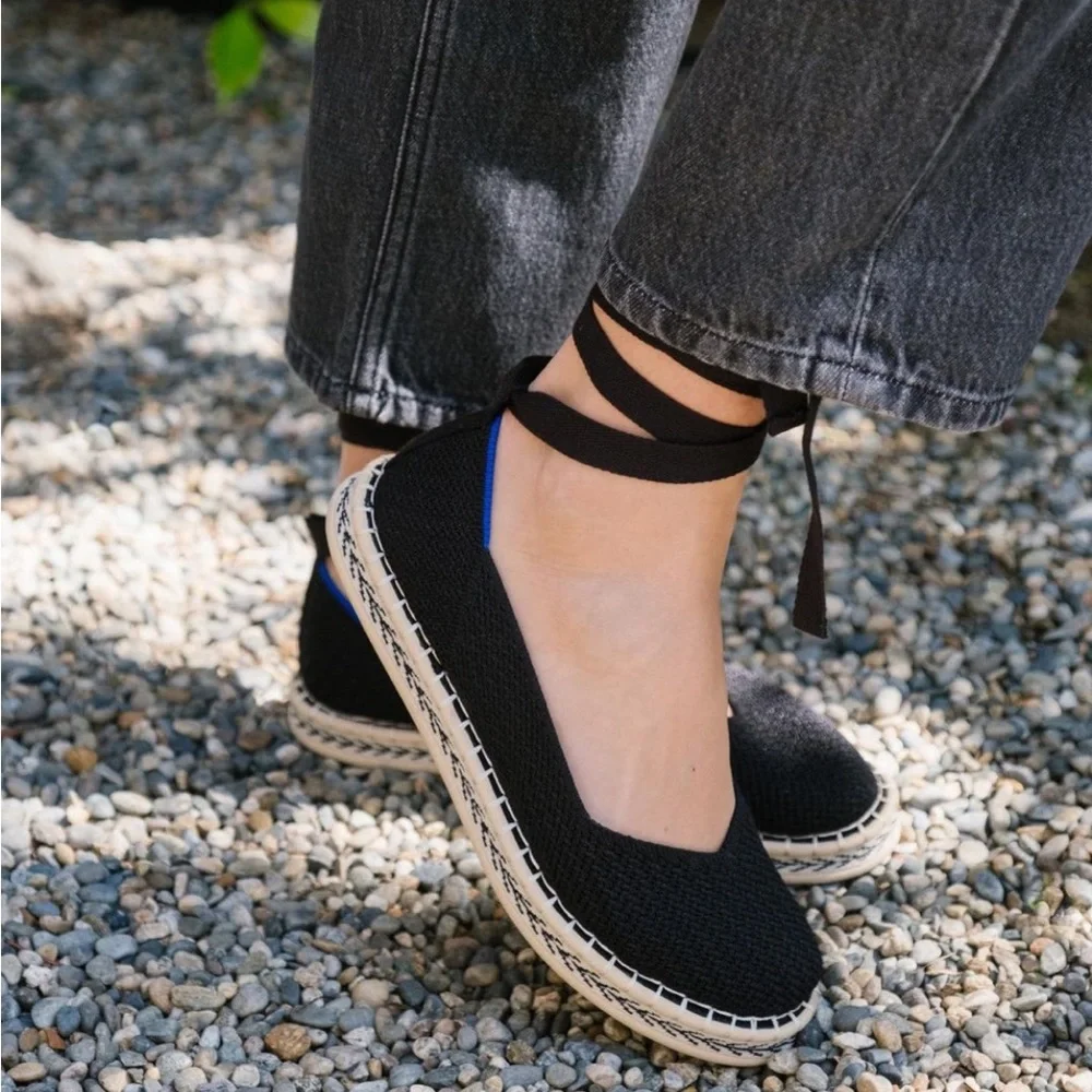 Rothy’s The Espadrille Knit Lace Up Black Flats
